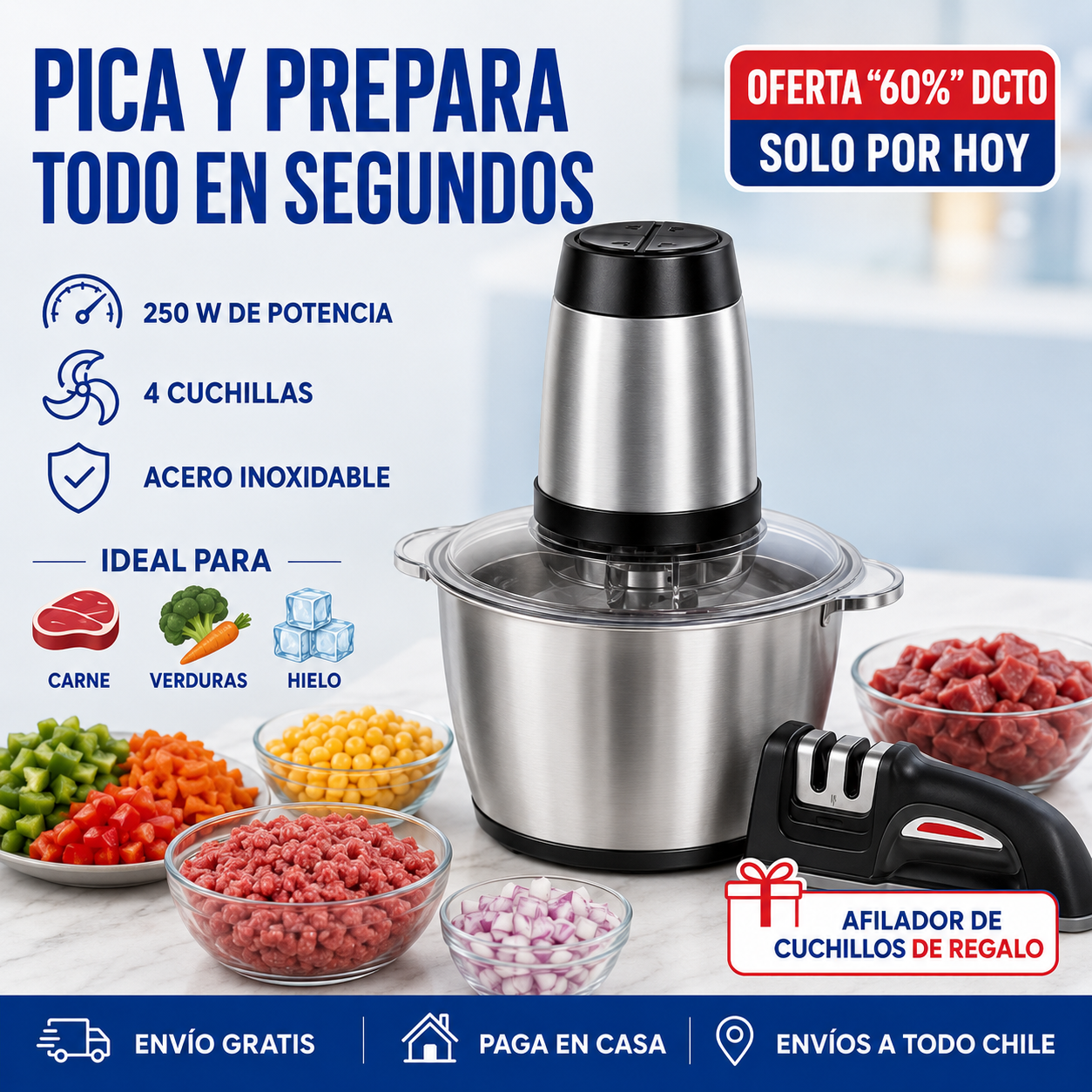 Picadora Eléctrica + Afilador: Cocina Fácil y Disfruta Más Cada Día