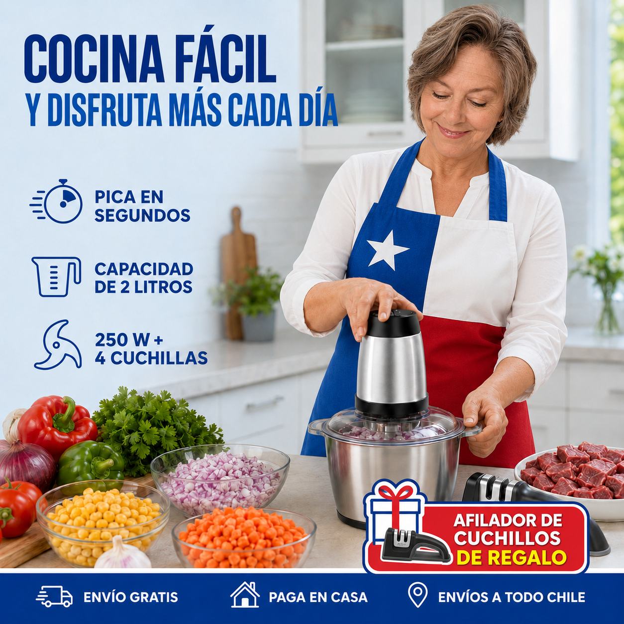 Picadora Eléctrica + Afilador: Cocina Fácil y Disfruta Más Cada Día