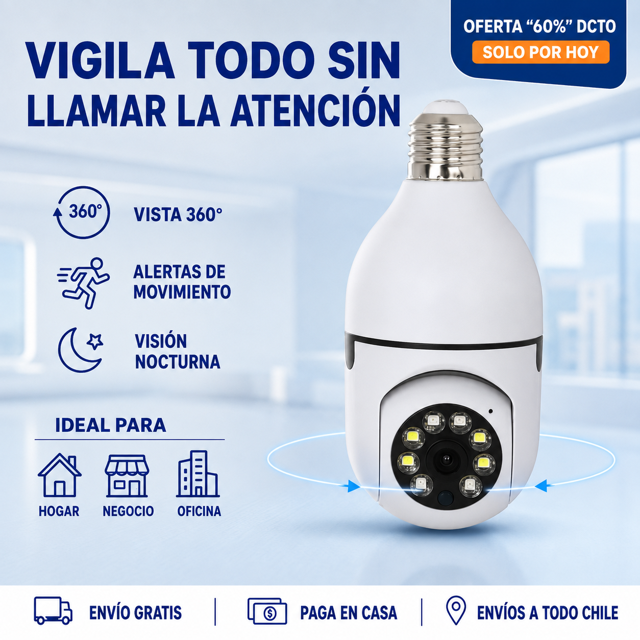 Ampolleta Cámara WiFi 360° con Sensor de Movimiento y Sistema de Alarma